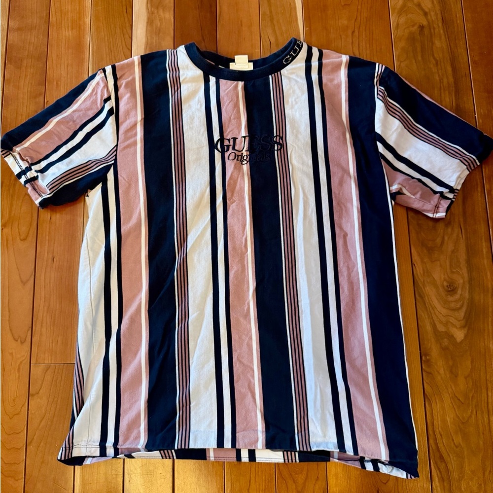 Vintage 90s Guess Vertical Stripes Tee Shirt Navy, White, and Pink Size Medium